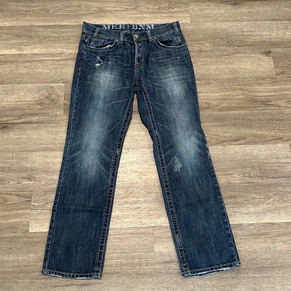 MEK Denim Washington Slim Straight Jeans Mens 34x32 Dark Wash Distressed Y2K